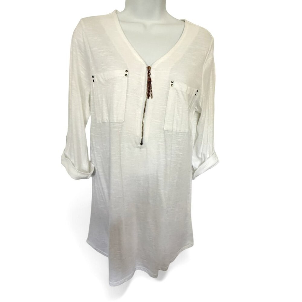 White Roll-Sleeve Top Tunic Blouse Lightweight 3/4 Zip Front Casual NWT